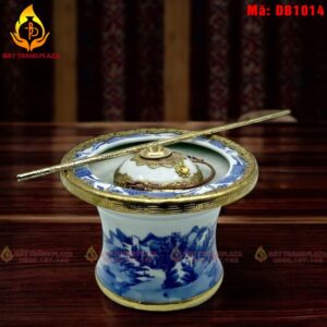 Điếu bát Bát Tràng men lam bọc đồng cảnh sơn thủy mã DB1014