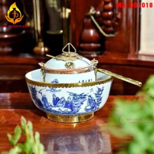 Điếu bát dáng tô loe men lam cảnh Trúc Lâm mã DB1018