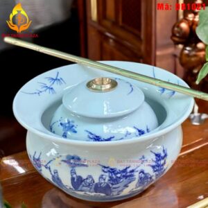 Điếu bát men lam cổ cảnh Trúc Lâm không bọc đồng mã DB1021