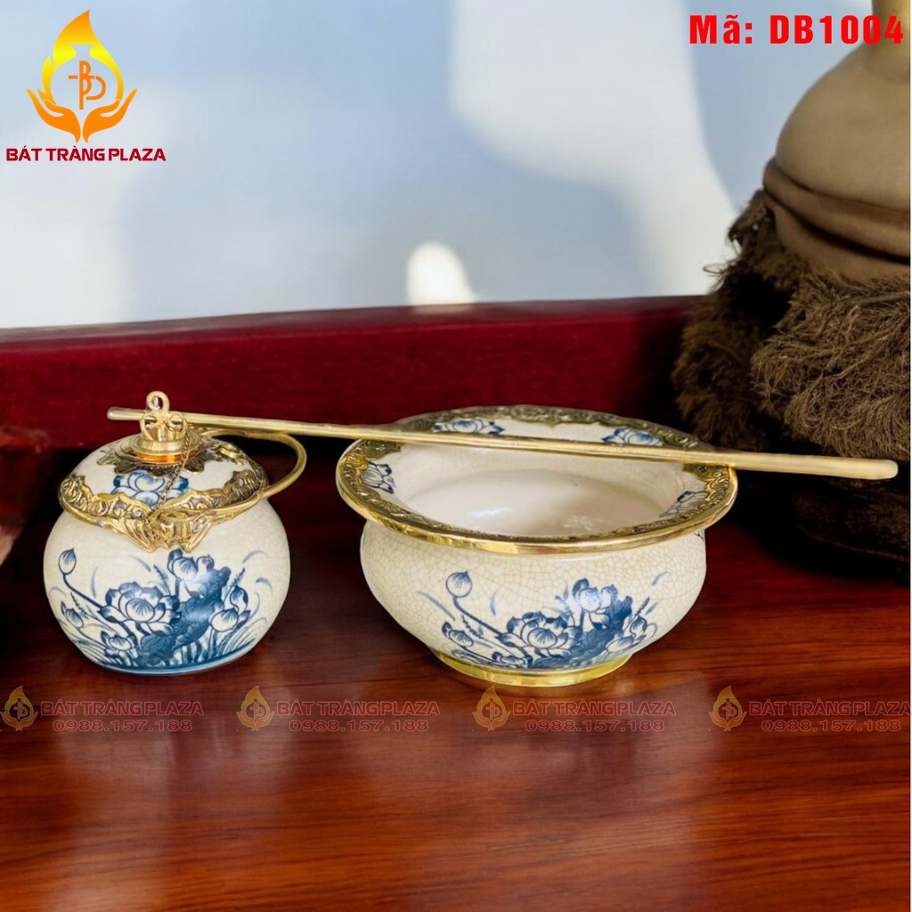 Điếu bát men rạn bọc đồng dáng thắt vẽ Sen mã DB1004 – Ảnh 2