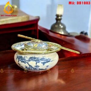 Điếu bát men rạn bọc đồng dáng thắt vẽ Tùng mã DB1003